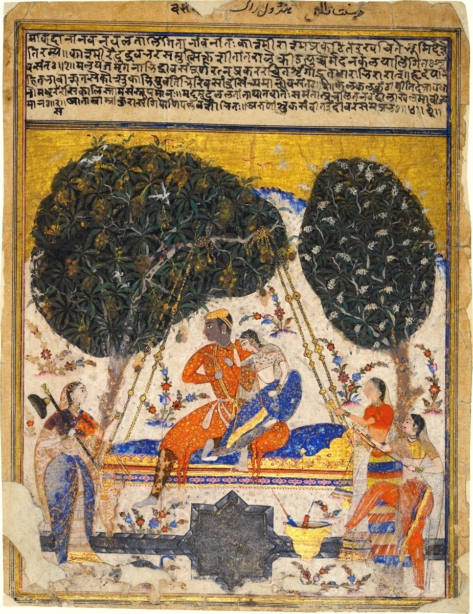 A 16th century painting depicting the Vasanta Raga features a couple on the swing; two women on the right are spraying coloured water from bamboo syringes (pichkaris) on them; while another woman plays music. 

<br>The Sanskrit verses on the painting describe how spring is sprayed by young maidens in a mango grove on a Kashmiri mountain. 

<br><I>"Praised by strings of bees he disports himself on a swing. Like a blue lotus (dark complexioned) and dressed in a tawny garment, he holds in his fingers the shoots of the fresh mango."</I> <br><br><hr> In 20-Holi-Pictures: Celebration through the Ages