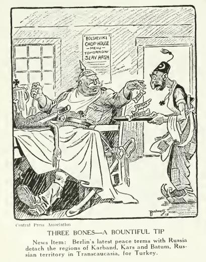 "Three bones—a bountiful tip", a political cartoon from 1918 by American cartoonist E. A. Bushnell