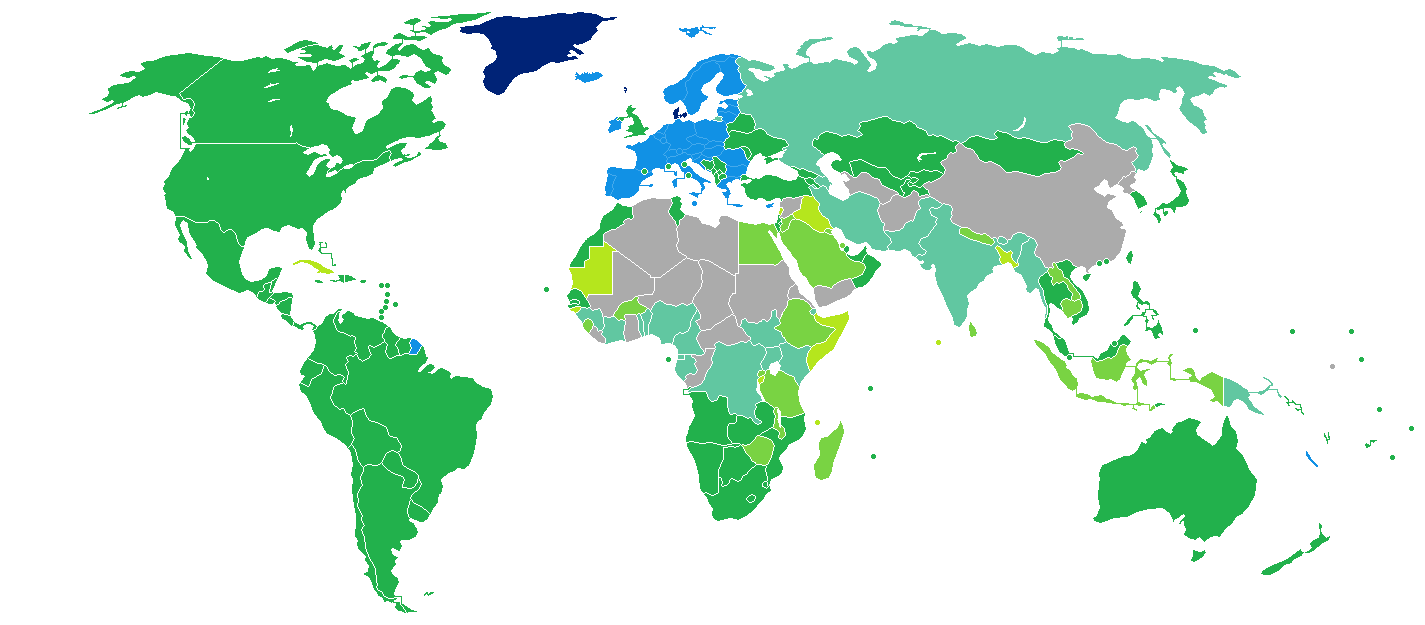 Countries and territories with visa-free entries or visas on arrival for holders of regular Danish passports.mw-parser-output .legend{page-break-inside:avoid;break-inside:avoid-column}.mw-parser-output .legend-color{display:inline-block;min-width:1.25em;height:1.25em;line-height:1.25;margin:1px 0;text-align:center;border:1px solid black;background-color:transparent;color:black}.mw-parser-output .legend-text{}  Kingdom of Denmark  Freedom of movement  Visa not required / ESTA / eTA / eVisitor  Visa on arrival  eVisa  Visa available both on arrival or online  Visa required prior to arrival