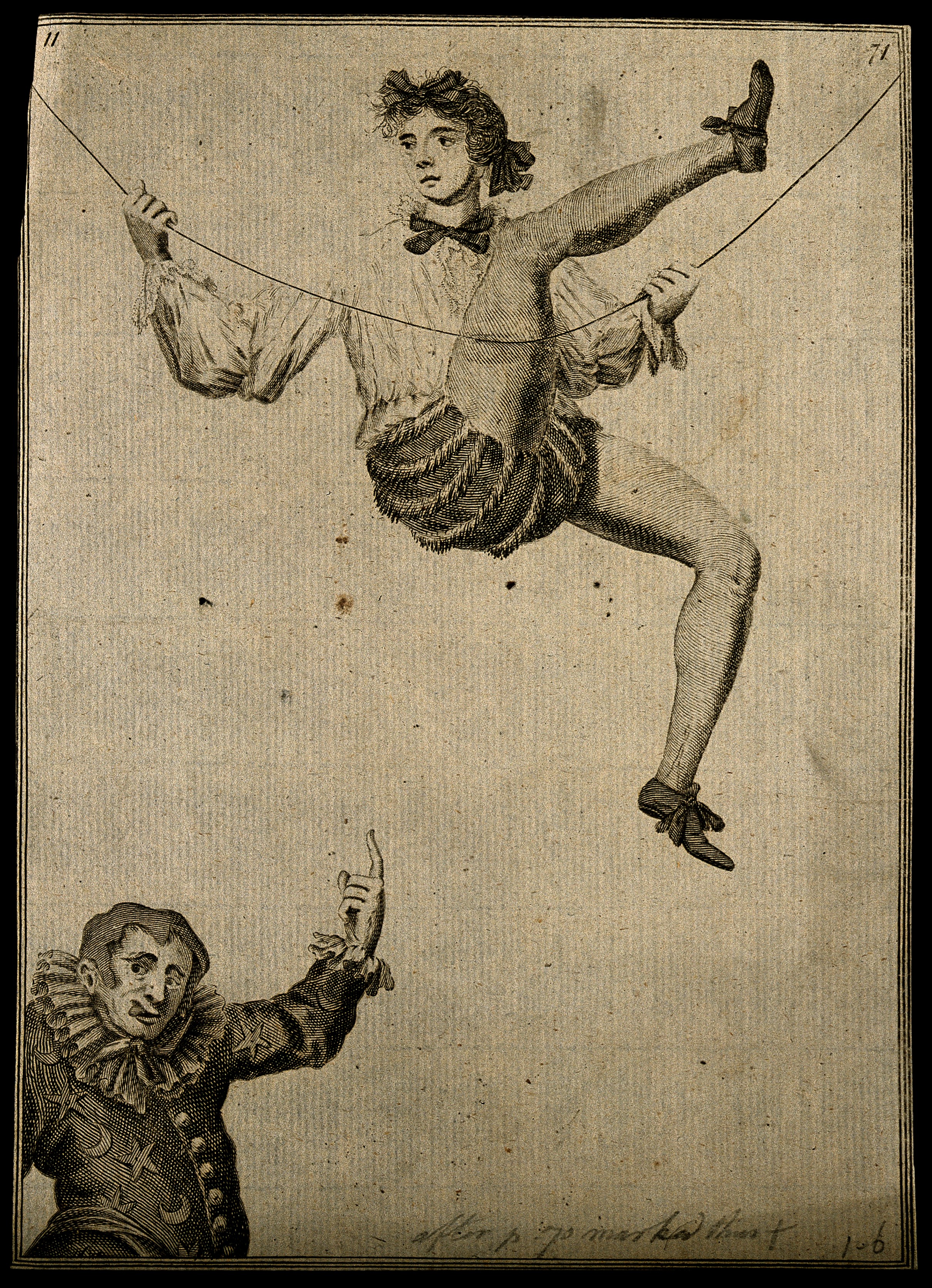 File:A tightrope walker above a clown. Engraving. Wellcome