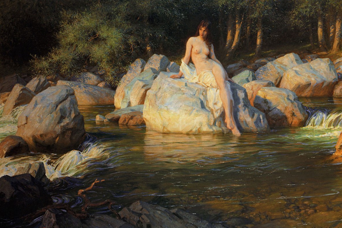 A painting showing a naked woman draped across a rock at the side of a river.