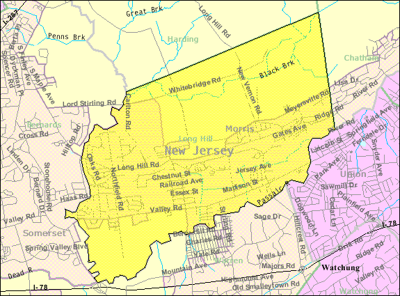 Black Brk shown rising in the north east base of Long Hill Township, New Jersey Census Bureau map of Long Hill Township, New Jersey.png