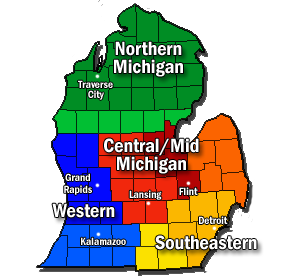 Regions and major cities of the Lower Peninsula
