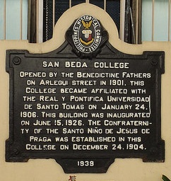 The original Historical Marker. On October 21, 1939, the historical marker at San Beda College was installed. However, it was stolen during World War II but later recovered in 1971 by Mr. Ramon Marcos in a nearby excavation along Legarda Street. It was then re-installed a year later by then Vice President of the San Beda Alumni Association Dr. Vicente Genato. San Beda College 10.jpg