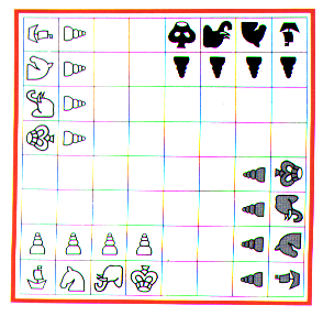 Disposición inicial de las piezas del chaturanga, precedente del ajedrez actual