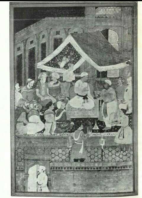 Faizi represent his work 'Nal wa daman' to Akbar.