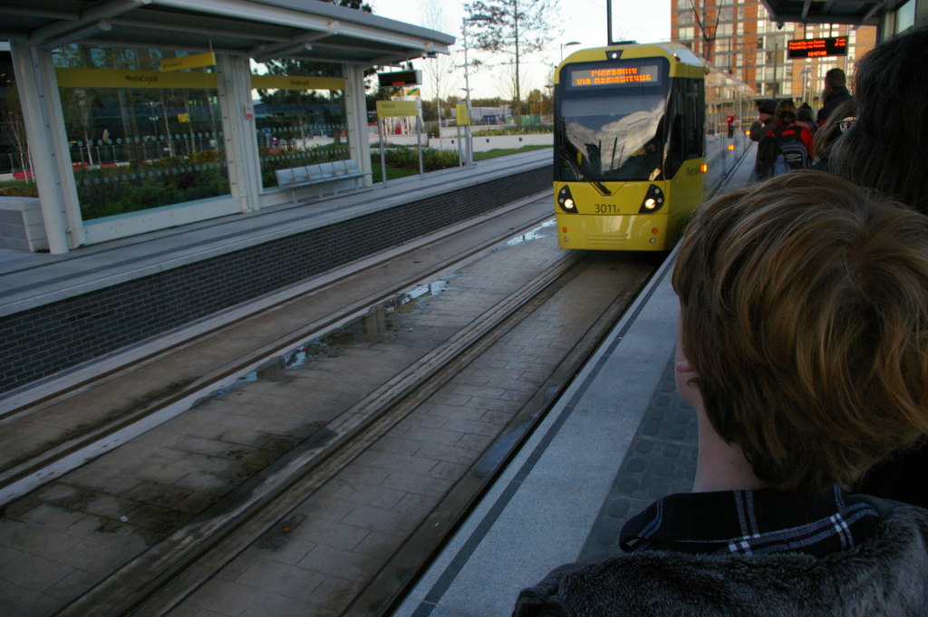 Media City tramstop, tram for Manchester arriving - geograph.org.uk - 2212691