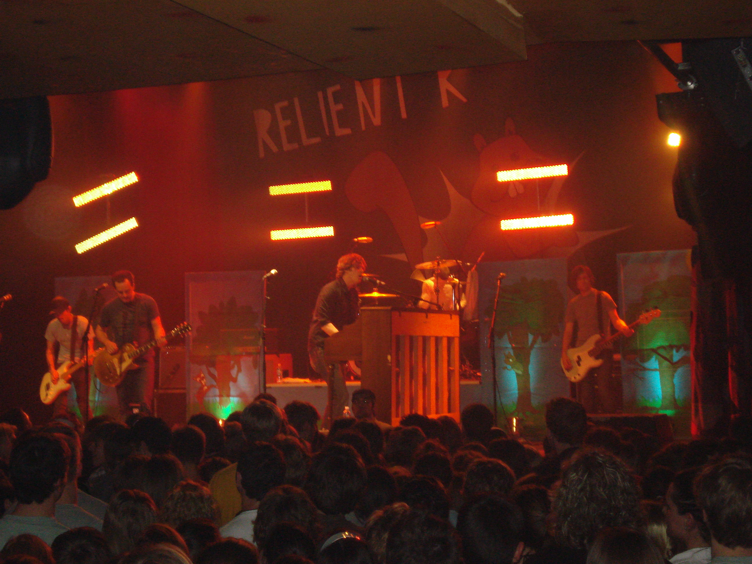 Relient K performing in May 2007. From left to right: Jon Schneck, [[Matt Hoopes]], [[Matt Thiessen]], [[Dave Douglas (drummer)|Dave Douglas]] and [[John Warne]].