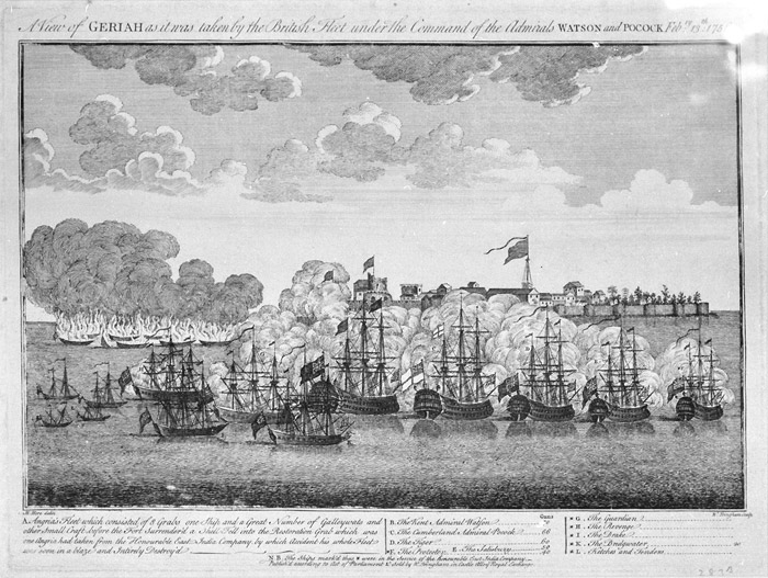 File:"A view of Geriah as it was taken by the British fleet under the command of the Admirals Watson and Pocock 13 February 1756," by M. Hore and W. Tringham.jpg