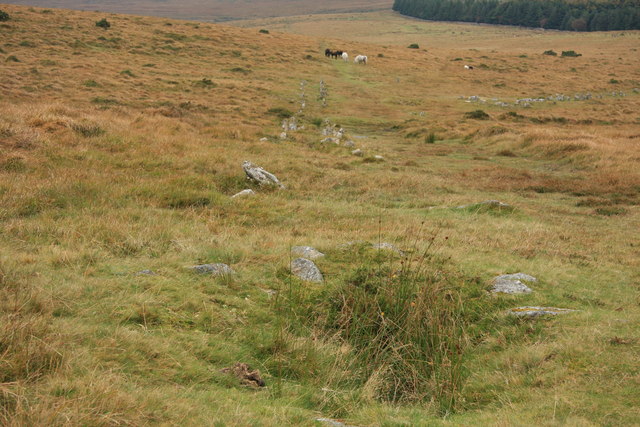 File:Cairn and stone row on Shovel Down - geograph.org.uk - 1512904.jpg