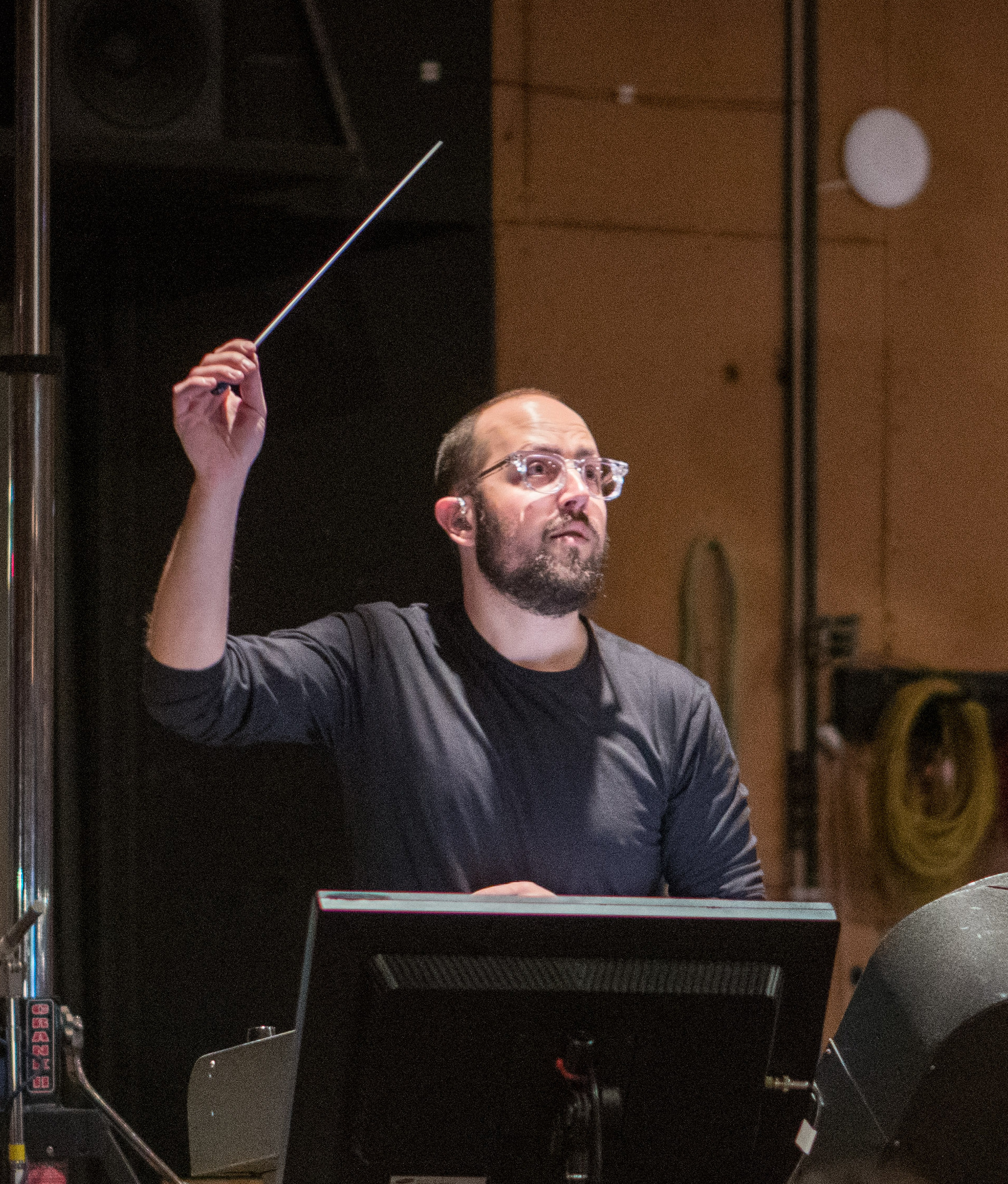 Trapanese conducting his score for Disney's [[Lady and the Tramp (2019 film)|''Lady and the Tramp'']] at [[Sony Pictures Studios|Sony]]'s [[Barbra Streisand]] Scoring Stage