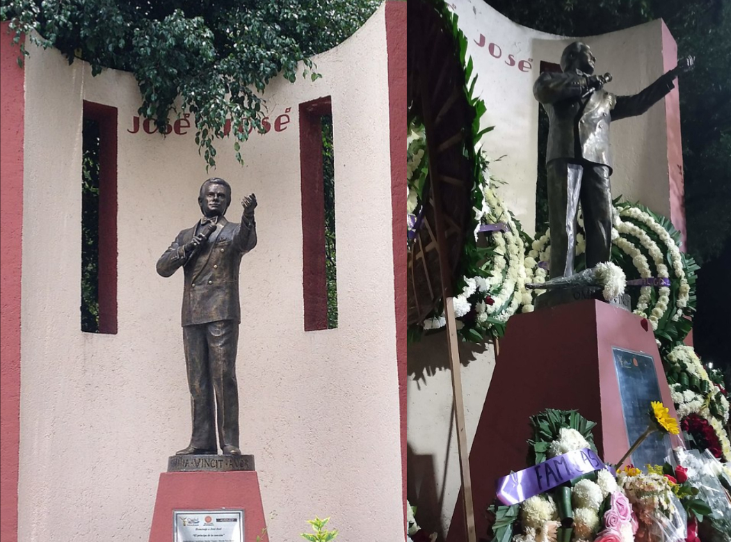 Estatua de José en el Parque de la China ubicada en Clavería, Azcapotzalco, lugar donde nació (izquierda), la estatua adornada con flores tras su fallecimiento en septiembre de 2019 (derecha).