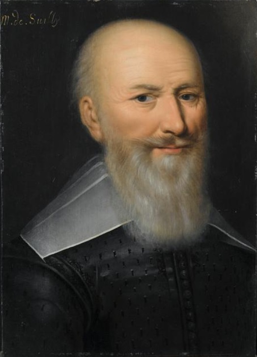 A portrait of Maximilien de Béthune, the Duke of Sully (1559-1641). A balding man with a mustache and a well-kept long beard with a mix of white and light brown hair. He has dark eyes, a keen gaze, and is wearing a starched white collar and black suit like a proper Protestant of his era. 