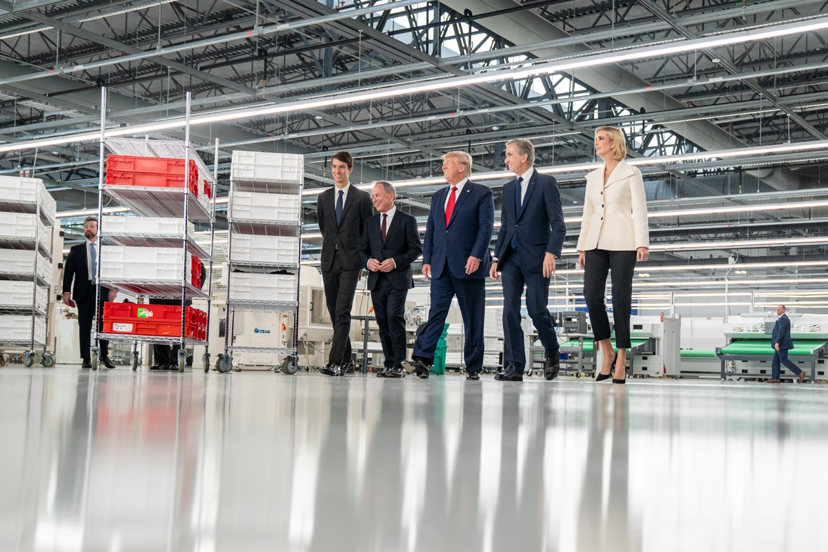 President Donald Trump is joined by Bernard Arnault CEO of LVMH Moet  Hennessy Carlos Sousa the general manager of Louis Vuitton Manufacturing  USA and Advisor to the President Ivanka Trump as they