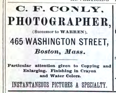 File:1883 CF Conly photographer advert 465 Washington Street in Boston.png