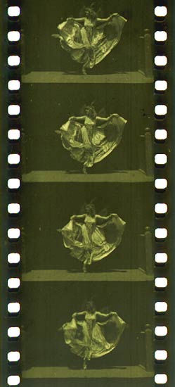35 mm filmstrip of the Edison production Butterfly Dance (c. 1894–95), featuring Annabelle Whitford Moore, in the format that would become standard for both still and motion picture photography around the world.[25]