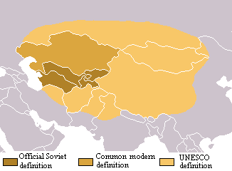 三种不同说法的中亚地区定义地图  （左）苏联官方定义  （中）目前普遍的定义  （右）联合国教育科学文化组织的定义