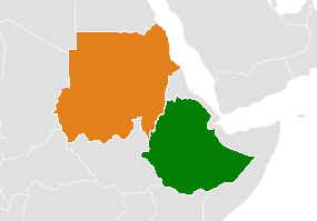 Mapa indicando localização da Sudão e do Etiópia.