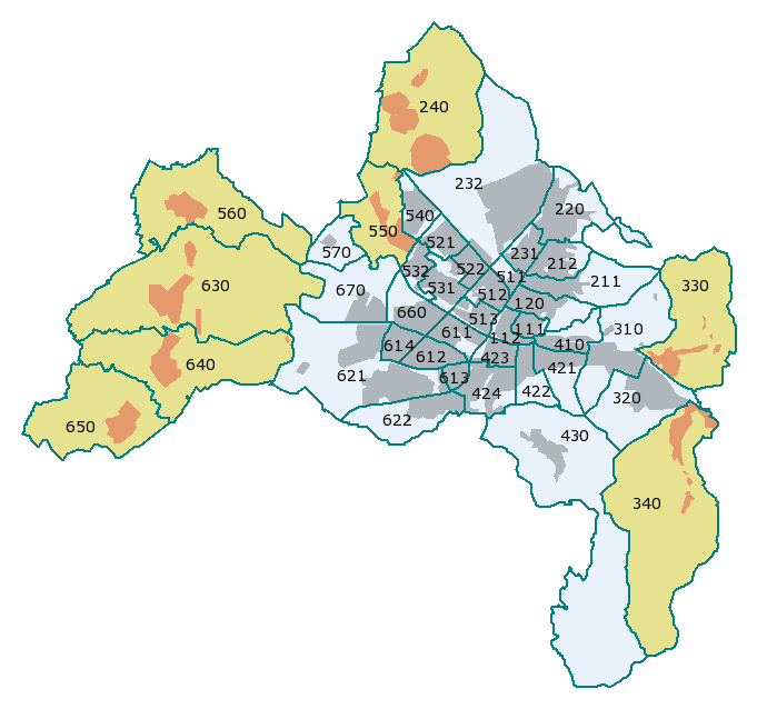 Die 42 Stadtbezirke von Freiburg im Breisgau mit ihren amtlichen Nummern (noch ohne Vauban)