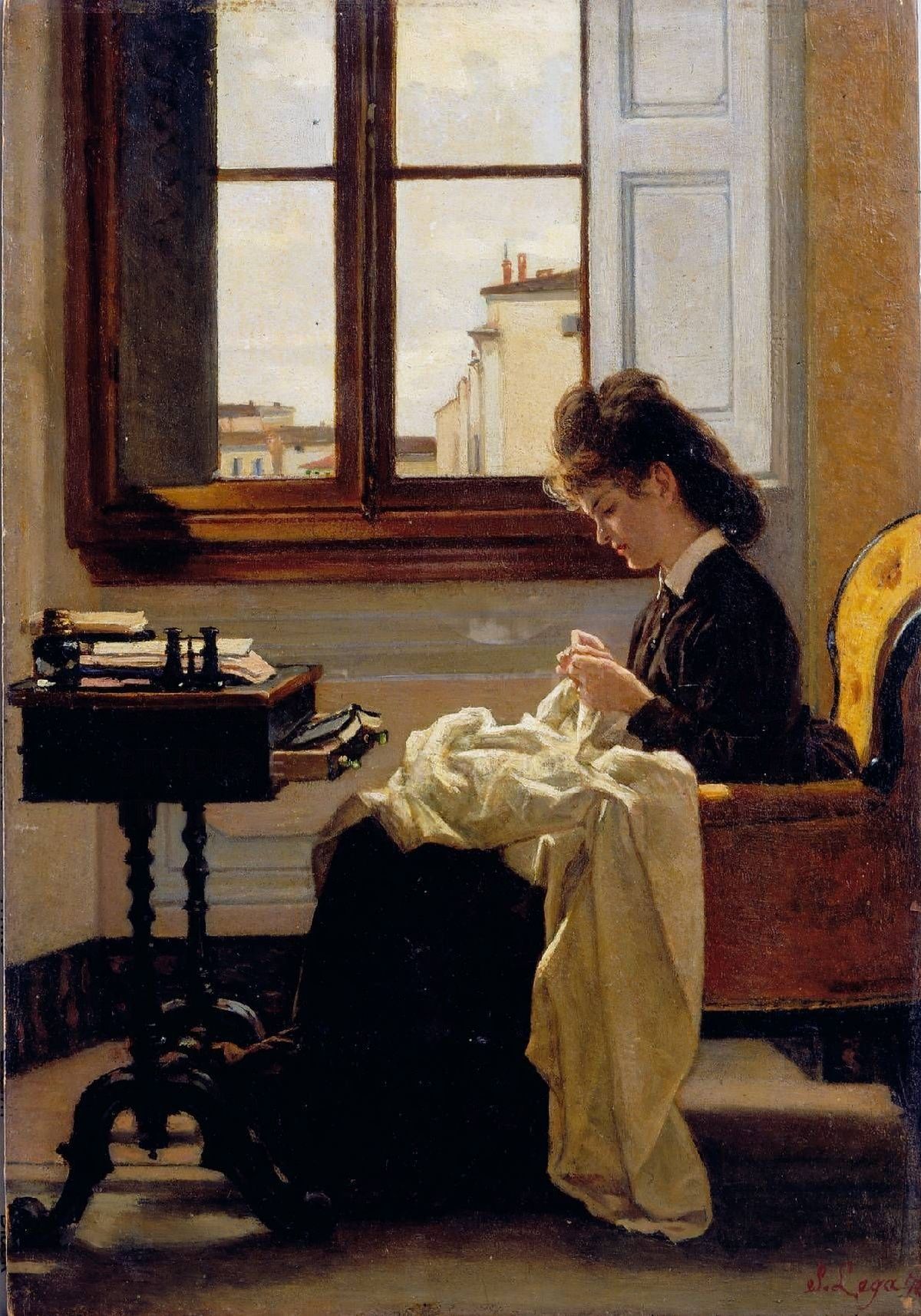 Painting: a woman sits in an armchair by a large window. In front of her is a sewing table with the bottom drawer open. On her lap is a pile of fabric she is sewing.