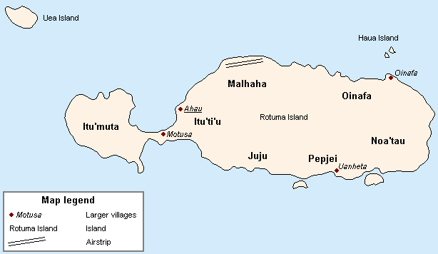 Schematic map of Rotuma indicating districts and main villages.