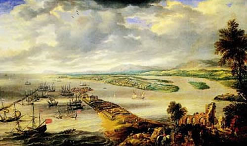 Vista del port de Recife des d'Olinda a principis del segle xvii, per Gillis Peeters