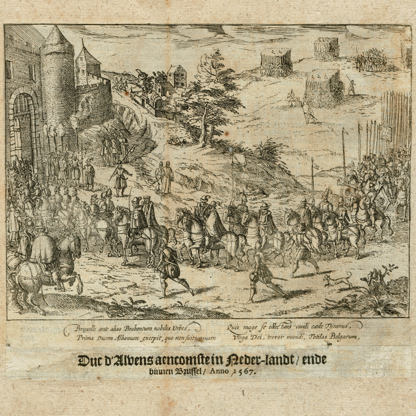 The arrival of the Duke of Alba in Brussels, 1567. Print from 'The Wars of Nassau' by Willem Baudartius, Amsterdam 1616