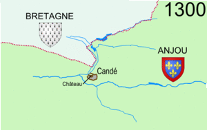 Évolution territoriale de Candé depuis le Moyen Âge. Les cours d'eau suivent leur tracé actuel.