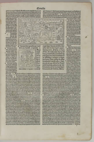 A page of ''Genesis'' in ''Postillae perpetuae...'' Basel, 1498: the first printed biblical [[exegesis