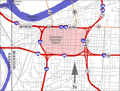 The city's tallest buildings and characteristic skyline are roughly contained inside the downtown freeway loop (shaded in red). Downtown Kansas City itself is established by city ordinance to stretch from the Missouri River south to 31st Street (beyond the bottom of this map), and from State Line Rd. to Troost Ave.