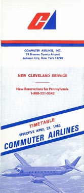 Commuter Airlines timetable, effective April 25th 1982 (featuring Swearingen Metroliner aircraft on cover) Commuter Airlines Timetable April 1982 Cb820425.jpg