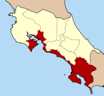 Karta över Costa Rica med Puntarenas i rött.