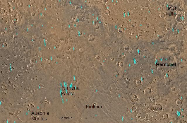 Viking map of Mare Tyrrhenum quadrangle showing some major features. The small colored rectangles represent areas imaged in high resolution with camera on Mars Global Surveyor.