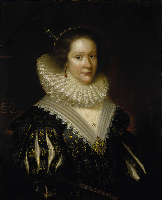 portrait of a lady in black and gold dress with white collar