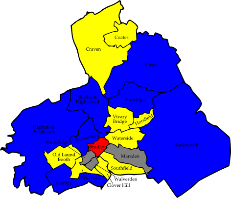 Map of the results of the 2007 Pendle Borough Council election with ward names.