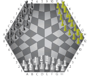 ThreeChess initial setup; White moves first, play proceeds counterclockwise Starting the game.gif