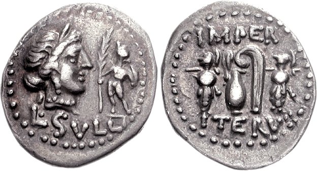 Door de legermunt geslagen denarius van Sulla (84-83 v.Chr.) met aan de ene kant zijn beschermgodin Venus met een palmtak dragende Cupido en de legende L. Sull(a) ("L(ucius) Sulla"), en aan de andere kant de trofeeën, die verwijzen naar zijn overwinningen bij Chaeronea (86 v.Chr.) en Orchomenus (85 v.Chr.), met daarnaast capis en lituus (priestergerei), die Sulla's aanspraken op het imperium moesten onderstrepen, en de legende Imperator Iterum ("voor de twee keer imperator").