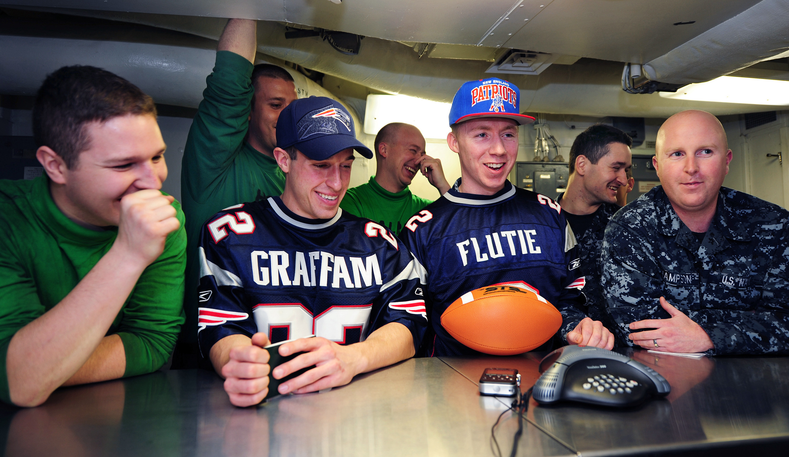 File:US Navy 111220-N-KQ416-059 Sailors talk to New England Patriots Head  Coach Bill Belichick during a holiday morale phone call aboard the   - Wikimedia Commons