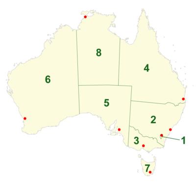 Stany i terytoria Australii (na czerwono stolice stanów)
