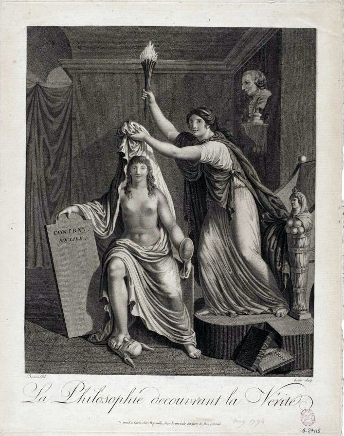 Une femme tenant une torche dévoile une autre, nue, tenant le Contrat social, sous le regard du buste de Rousseau.