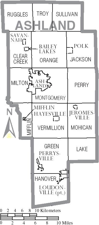 Map of Ashland County, Ohio, with municipal and township labels