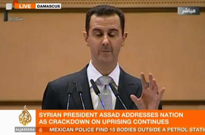 Syriens Präsident Bashar al-Assad spricht an der Universität in Damaskus 10. Januar 2012, (6672294443).jpg