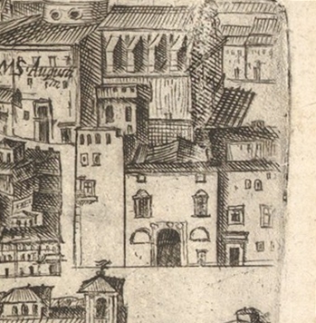 Kyrkans exteriör enligt Antonio Tempestas vy över Rom från år 1593. Observera de två tornen till vänster om kyrkans fasad.