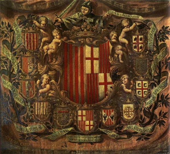 File:Apoteosis Heraldica 1681 Museo de Historia de la Ciudad,Barcelona, i 4 mori sardi sono nettamente distinti iconograficamente dai 4 mori d'Aragona.JPG