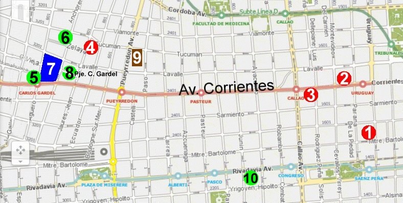 Mapa gardeliano en Buenos Aires (infancia y adolescencia).Referencias1. Uruguay 162 (Barrio de San Nicolás). Primer domicilio de Gardel (1893-1904).2. Corrientes 1553 (Barrio de San Nicolás). Segundo domicilio de Gardel (1904-1914).3. Corrientes 1714 (Barrio de San Nicolás). Tercer domicilio de Gardel (1914-1918).4. Jean Jaurés 733 (Barrio del Abasto). Domicilio de Gardel desde 1927. Casa Museo Carlos Gardel5. Humahuaca y Agüero (esq. sur-Barrio del Abasto). Bar O'Rondeman, administrado por Giggio Traverso6. Anchorena 666 (Barrio del Abasto). Comité conservador y casa de Constancio Traverso7. Mercado de Abasto (1889-1985)8. Pasaje Carlos Gardel (Barrio del Abasto).  encuentro Gardel-Razzano.9. Tucumán 2646 (Barrio de Balvanera). Colegio San Estanislao (1904)110. Rivadavia y Rincón (Barrio de Balvanera). Café de los Angelitos.