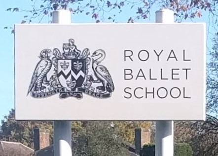 Royal Ballet School sign showing school badge