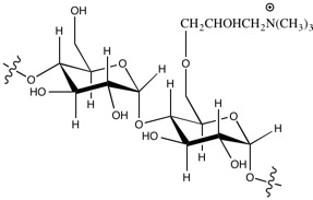 The molecular structure of cationic starch. The repeating unit of starch is derived from glucose interconnected with glycosidic bonds.