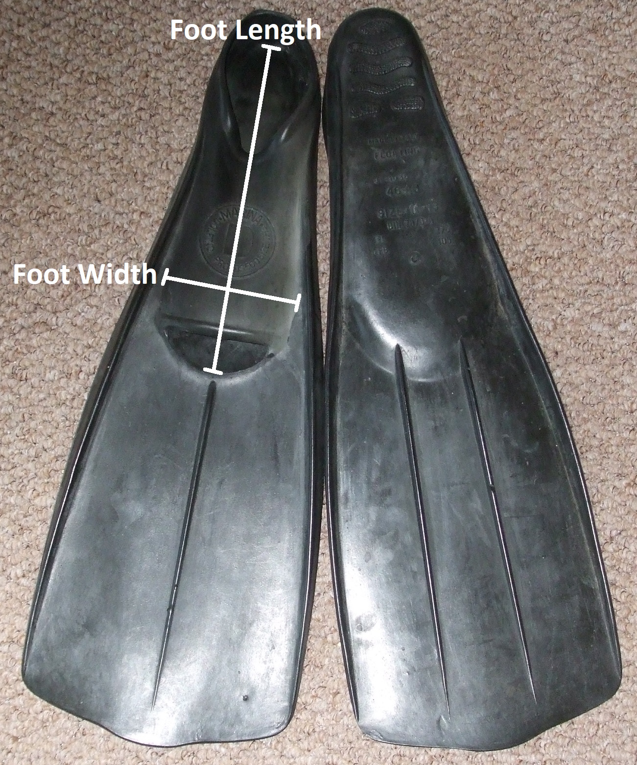 Marina Delfino full-foot fins with indication of foot length and foot width