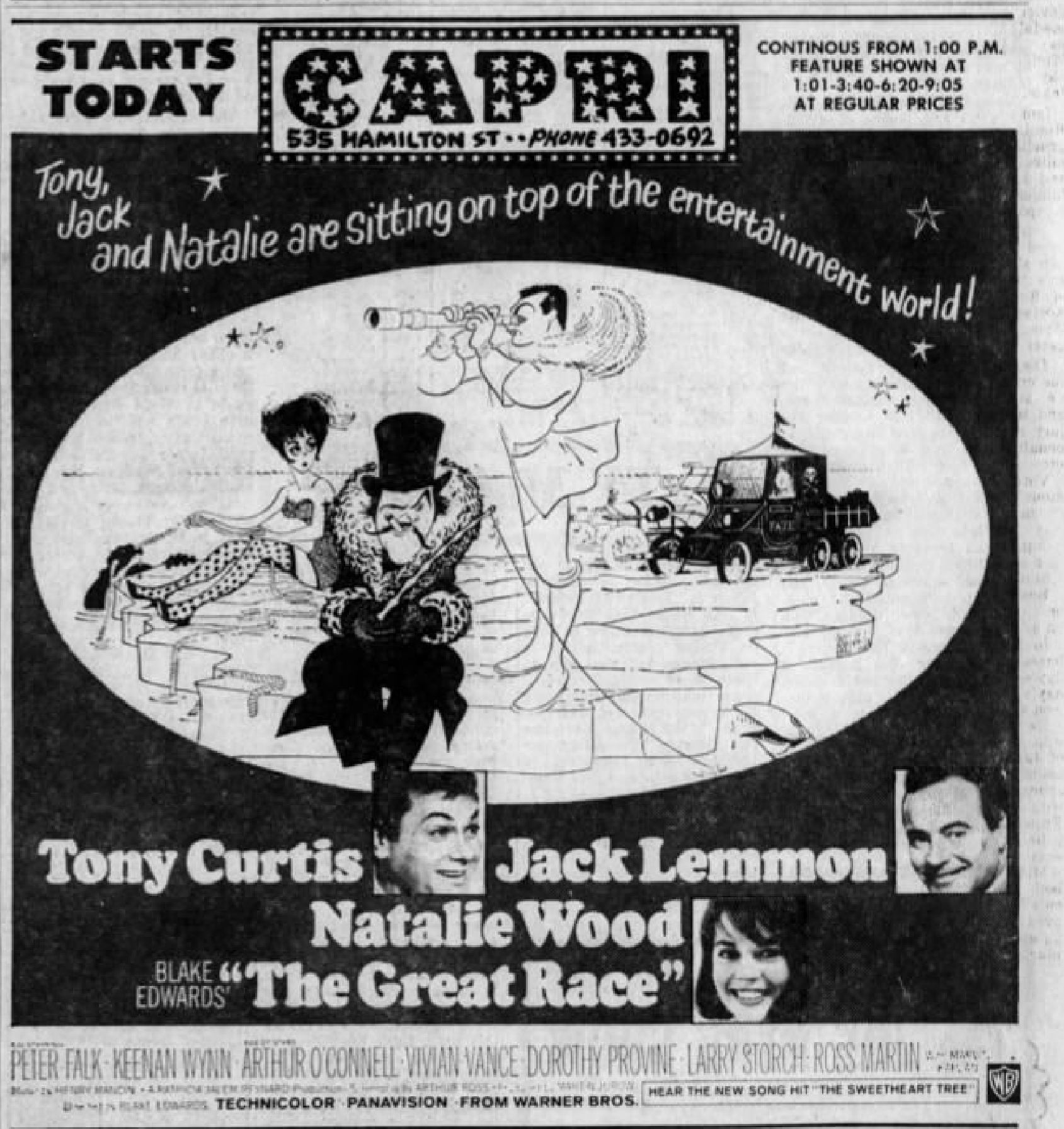 The Great Race Tony Curtis, Jack Lemmon, Natalie Wood, Peter Falk, Keenan  Wynn, Arthur O'Connell, Vivian Vance, Dorothy Provine, Larry Storch, Ross