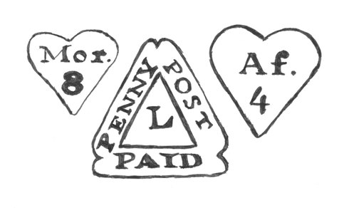 Examples of Dockwra's postmarks (1680–82).